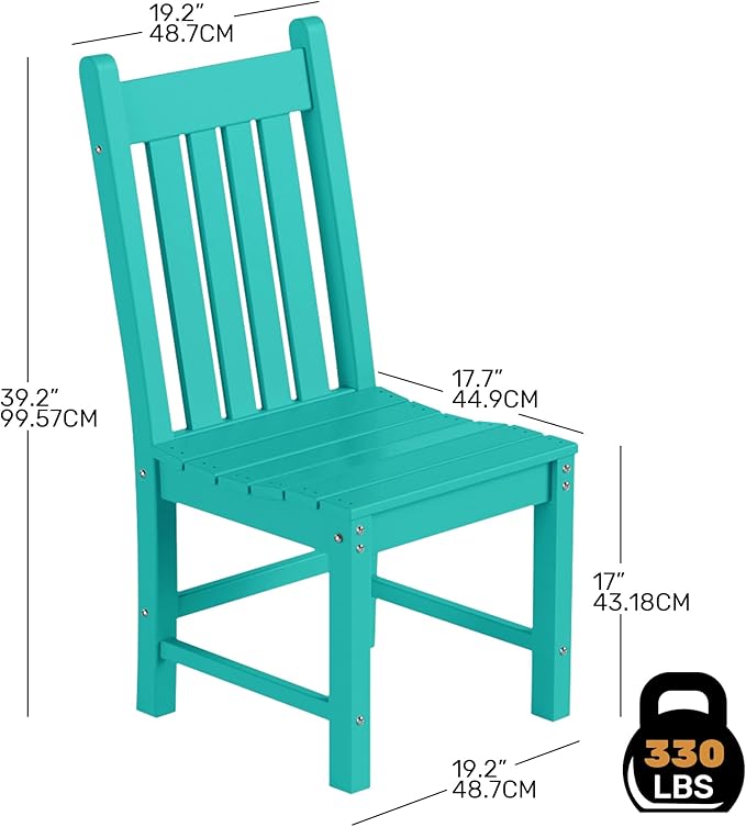Costaelm Armless Outdoor Chair, Patio Adirondack Chair, HDPE Poly Lumber Waterproof Restaurant Bistro Kitchen Dining Chair for Outside Porch Backyard Garden, Turquoise