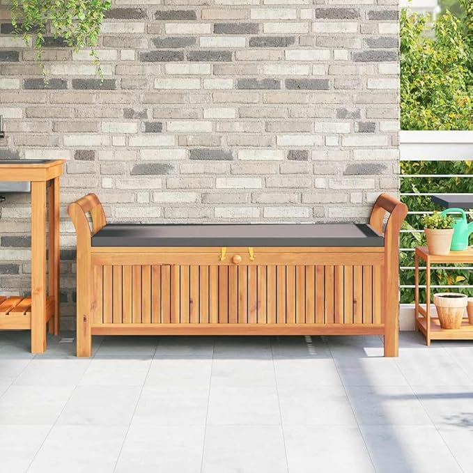 Solid Acacia Wood Garden Storage Bench with Dark Grey Cushion, Rectangular Patio Furniture with Under Seat Storage, Outdoor Seating for Garden Balcony Porch, Brown Oiled Finish, Holds 242.5 lb