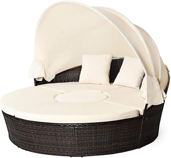 HAPPYGRILL Patio Round Daybed with Canopy, Outdoor Wicker Rattan Sectional Sofa with Coffee Table, Cushions - Photo 1