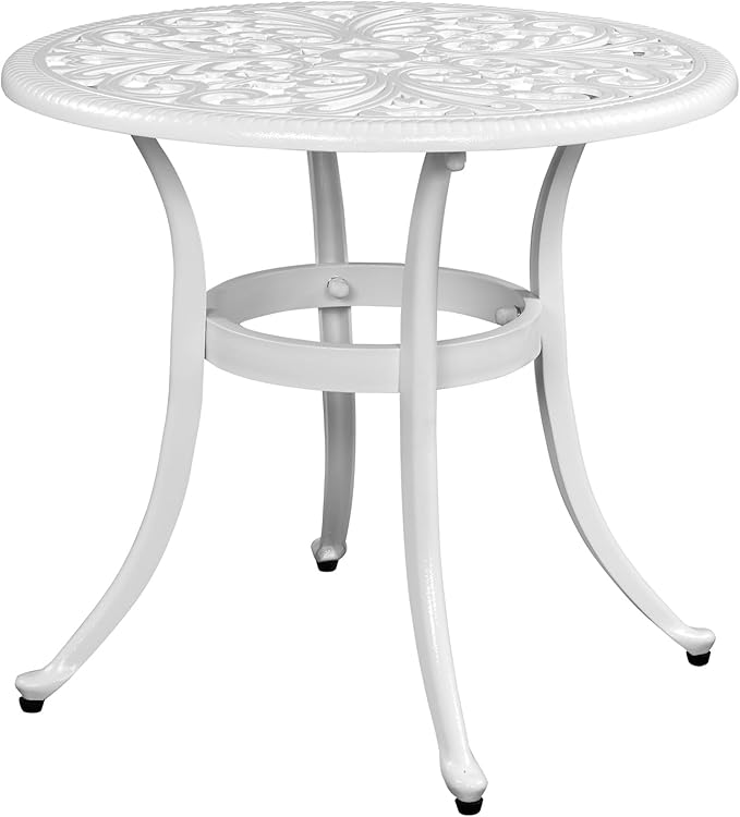 Cast Aluminum Round Table with 2 inch Umbrella Hole, Outdoor Patio End Side Table, Cocktail Coffee Bistro Table Weather Resistance, Adjustable Foot Pads for Garden, Porch, Balcony White