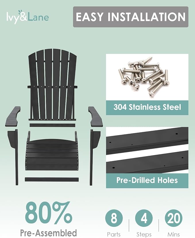 IVY&LANE Adirondack Chairs Set of 4 | HDPE Plastic | Outdoor Fire Pit Chairs | Oversized | All-Weather | Black | for Outside Deck Backyard Patio Poolside Porch Lawn