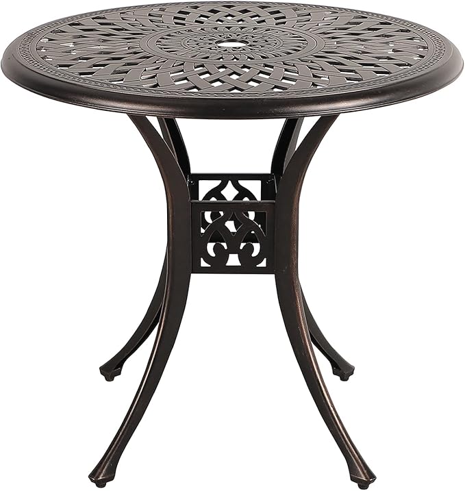 COBANA Patio Bistro Table, 31’’ Round Cast Aluminum Outdoor Dining Retro Side Table with 2’’ Umbrella Hole, Bronze - Photo 1