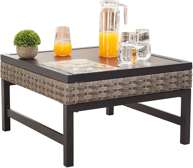 Outdoor Coffee Table 23.6''×23.6'' Patio Metal Table with Wood Grain Top Outside Table Slatted Tabletop for Lawn, Garden, Deck, Backyard, Porch