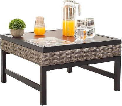 Outdoor Coffee Table 23.6''×23.6'' Patio Metal Table with Wood Grain Top Outside Table Slatted Tabletop for Lawn, Garden, Deck, Backyard, Porch