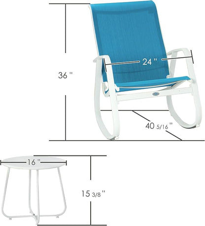 Kozyard Outdoor Patio Rocking Sling Chair, Powder Coated Aluminum Frame, Weather Resistant and Breathable Mesh Fabric for Patio, Porch, Yard, Garden (Blue, 2Chairs + Table)