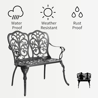 Patio Aluminum Outdoor Bench, Garden Metal Loveseat Furniture, Vintage Carving Antique Black Front Porch Chair Seat