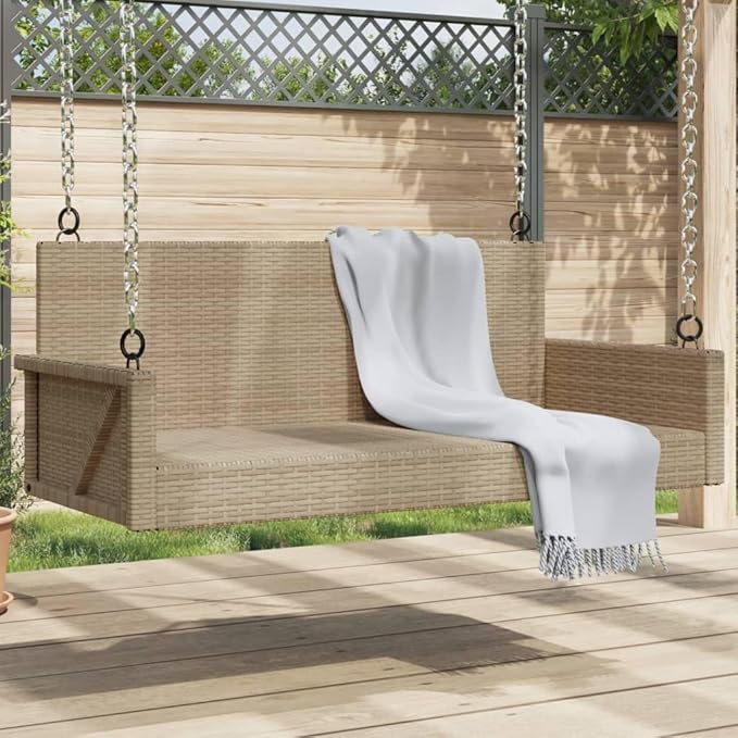 Swing Bench Beige PE Rattan Powder-Coated Steel Medium for Outdoor Garden Patio Relaxation Spacious Seating for Two - Photo 1