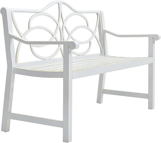 Outdoor Garden Bench White - Heavy Duty Metal Patio Bench with Backrest & Armrest, Rust-Proof Steel Frame, 3-Seater Slatted Seat for Yard, Porch, Park, Balcony - Modern Decorative Design