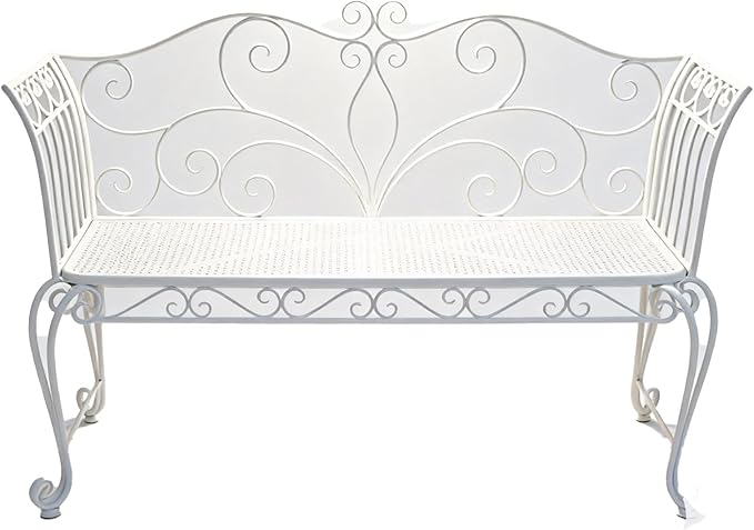 Vintage White Metal Garden Bench, Decorative Scrollwork Design, Outdoor Patio Furniture with Mesh Seat Customized (White)