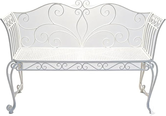 Vintage White Metal Garden Bench, Decorative Scrollwork Design, Outdoor Patio Furniture with Mesh Seat Customized (White)