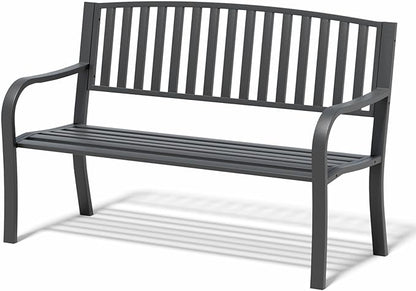 YLGJ&TIDY 50 Inches Garden Benches for Outdoor Patio Bench with Stripe Pattern Backrest Armrest Weatherproof Park Benches Metal Bench for Garden Park Porch Lawn Yard (BENCH08)
