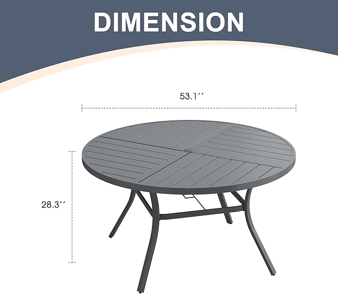 VICLLAX 53" Round Patio Dining Table for 6-8, All Weather Metal Outdoor Table with 1.57" Umbrella Hole and Surdy Frame for Garden Lawn Deck, Sandshell