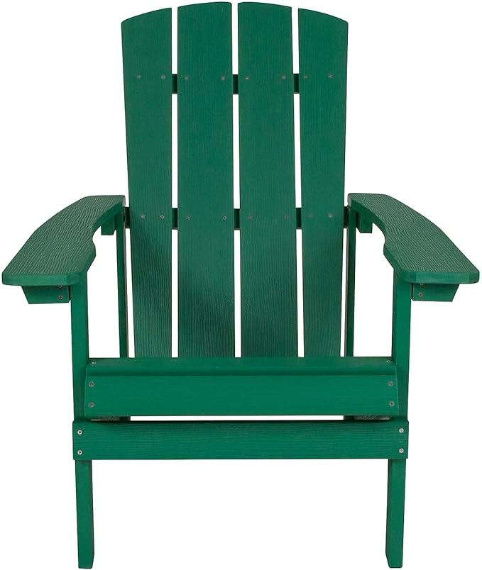 Pemberly Row Contemporary Adirondack Chair, Faux Wood Polystyrene Frame, Green Finish, Weather-Resistant, UV Protected, Extra Wide Arms, Vertical Lattice Back, Outdoor Patio or Backyard Seating