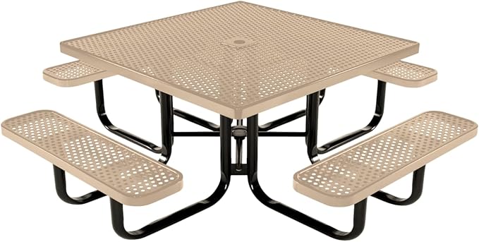COATEDOUTDOORFURNITURE Heavy-Duty Portable Outdoor Kids Table with Umbrella Hole, Punched Steel Kids Picnic Table, Commercial-Grade, Made in America (46 in, Square, Childrens, Tan)