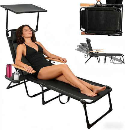 Folding Outdoor Chaise Lounge Chair with Arms, 4 Position Sunbathing Lounge Chair with Shade, Sun Tanning Chairs for Outside Portable with Cup Holders for Beach Patio Camping Poolside Yard (Black- B)