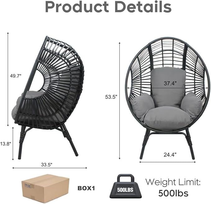 Patio Egg Chair, Oversized Outdoor Wicker Egg Chair with 8" Thick Cushion, PE Rattan Lounge Chair with Steel Frame for Balcony, Backyard, Garden, Sunroom, Black＋Gray