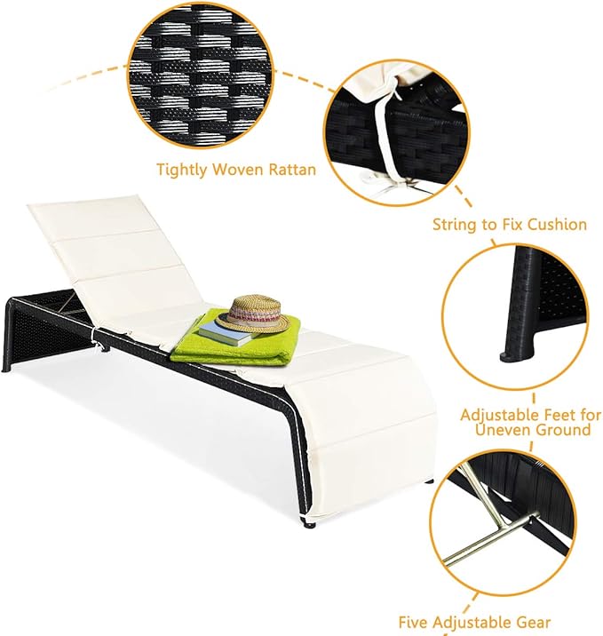 HAPPYGRILL Chaise Lounge Chair Adjustable 5-Positions Rattan Wicker Reclining Lounge with Cushion for Garden Patio - Photo 7