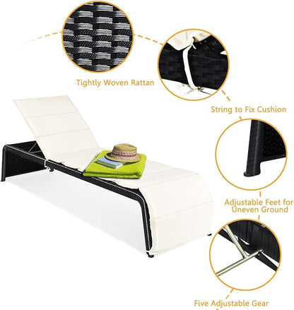 HAPPYGRILL Chaise Lounge Chair Adjustable 5-Positions Rattan Wicker Reclining Lounge with Cushion for Garden Patio Poolside