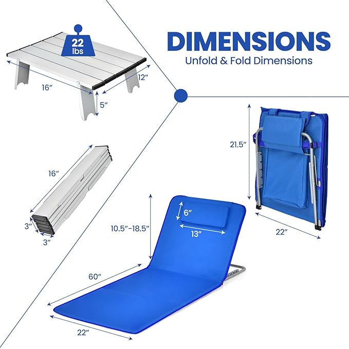 Giantex Beach Chairs for Adults 2 Pack Set with Side Table, Folding Lounge Chairs, 5 Position Adjustable Lawn Chair for Sunbathing, Patio Chaise Lounge Lightweight Backpack Camping Chairs (Navy)