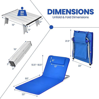 Giantex Beach Chairs for Adults 2 Pack Set with Side Table, Folding Lounge Chairs, 5 Position Adjustable Lawn Chair for Sunbathing, Patio Chaise Lounge Lightweight Backpack Camping Chairs (Navy)