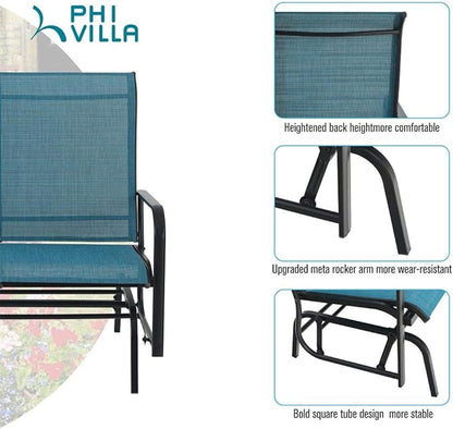 PHI VILLA Outdoor Glider Rocking Bench Chair Clearance for 2 Person, Patio Loveseat Gliders with 42" High Back for Outside Lawn Garden Deck, Blue