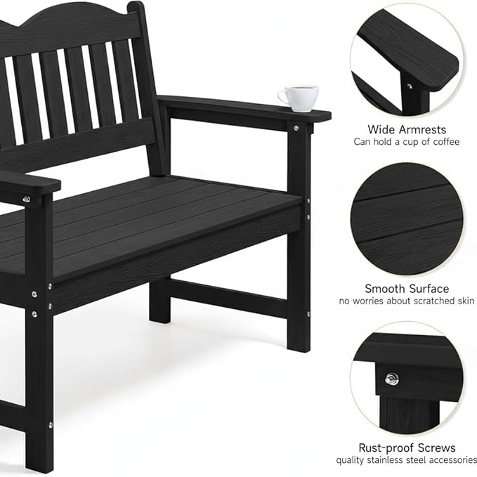 GarveeLife 2-Person Poly Lumber Garden Bench, Slatted Patio Loveseat, Weather-Resistant Outdoor Seating for Yard, Garden, Porch, Park or Backyard, Black