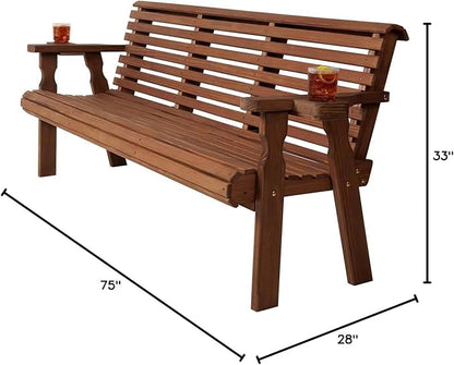 Amish Casual Heavy Duty 6 Foot Pressure Treated Outdoor Garden Bench in Oak Stain with Cup Holders - Amish Crafted Roll Back Design, 700 Lb Weight Capacity