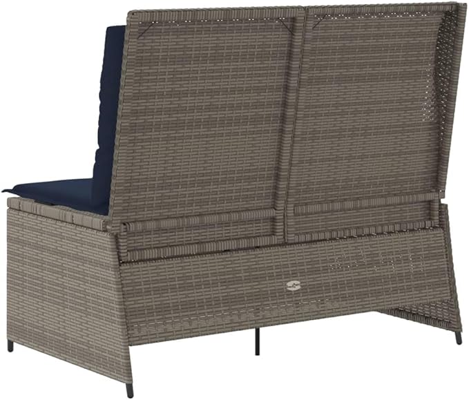 2-Seater Reclining Patio Bench with Cushions, Outdoor Garden Loveseat with Adjustable Backrest and Armrests, Grey PE Rattan Furniture for Balcony, Porch, and Terrace