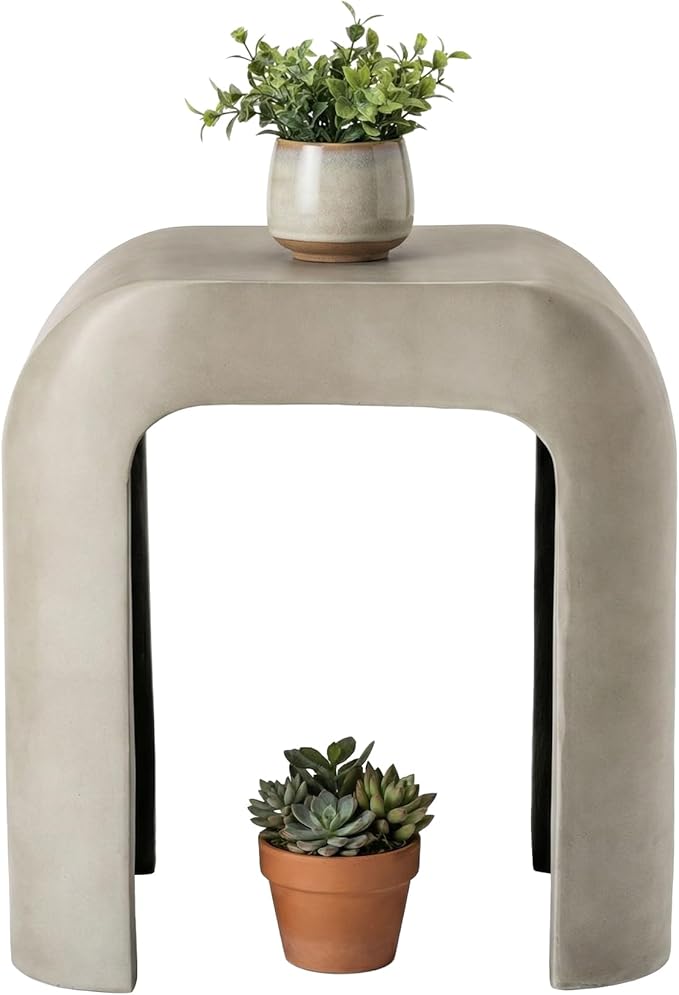 HOMPUS Outdoor Side Table w U-Shaped, Concrete Side Table Lightweight, Round Patio MgO Coffee End Table, Modern Accent Vintage Garden Stand for Indoor Outdoor Use, Grey