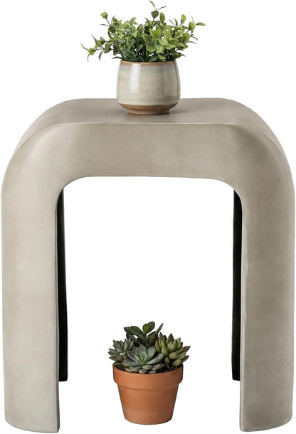 HOMPUS Outdoor Side Table w U-Shaped, Concrete Side Table Lightweight, Round Patio MgO Coffee End Table, Modern Accent Vintage Garden Stand for Indoor Outdoor Use, Grey
