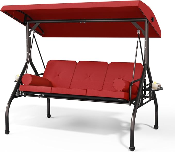 3 Seat Outdoor Porch Swing Chair, Adjustable Canopy Swing Bench, Convertible Backrest Swing Bed with Thicken Cushions - Photo 1