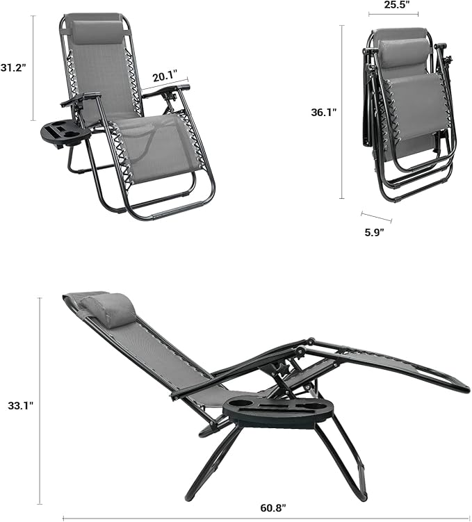 Kemon Zero Gravity Folding Lounge Outdoor Patio Adjustable Reclining Chair with Pillows and Cup Holders for Beach Set of 2, Double Grey, KM-CDGVC