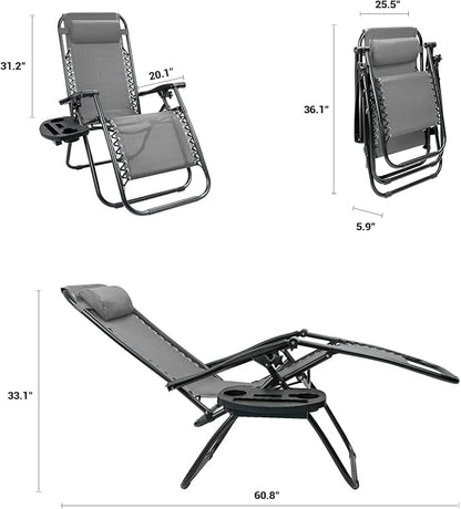 Kemon Zero Gravity Folding Lounge Outdoor Patio Adjustable Reclining Chair with Pillows and Cup Holders for Beach Set of 2, Double Grey, KM-CDGVC
