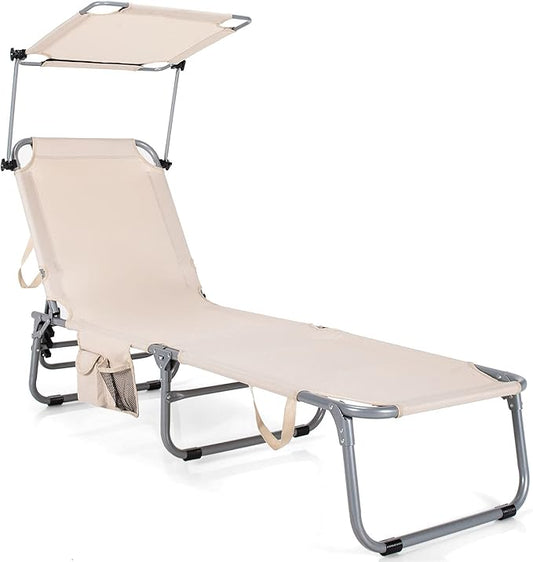 Goplus Tanning Chair, Foldable Beach Lounge Chair with 360°Canopy Sun Shade, Side Pocket, 5-Position Adjustable Outdoor Chaise Lounge Chair for Patio Pool Yard Lawn (1, Beige)