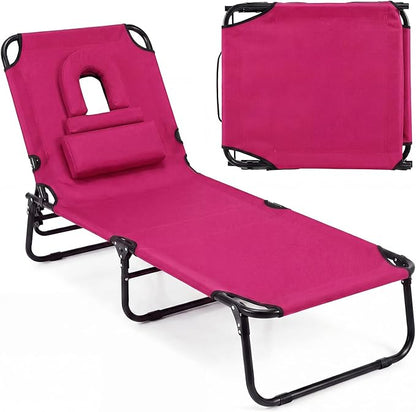 Tangkula Beach Lounge Chair, Folding Sunbathing Recliner with Face Hole, Face Down Tanning Chair with 4-Level Adjustable Backrest & 3 Removable Pillows, Chaise Lounge Chair for Patio (1, Pink)