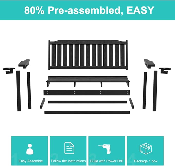 Outdoor Bench with Cup Holder All-Weather HDPE Fade Resistant Garden Bench 660 lbs Bearing 2-Seat Front Porch Furniture for Patio, Backyard,Park (Black)