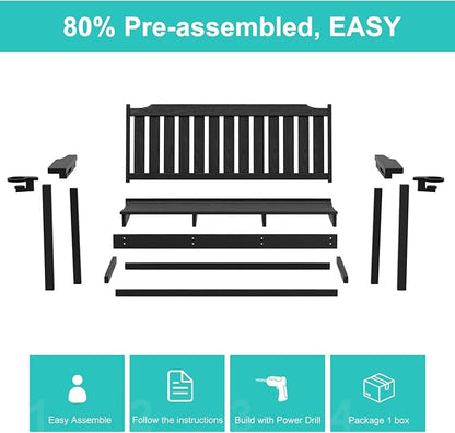 Outdoor Bench with Cup Holder All-Weather HDPE Fade Resistant Garden Bench 660 lbs Bearing 2-Seat Front Porch Furniture for Patio, Backyard,Park (Black)