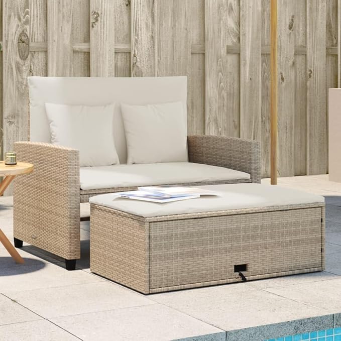 vidaXL 2-Seater Patio Sofa Bench - PE Rattan, Beige, Sofa Bed with Footstool Storage, Cushions with Removable Covers