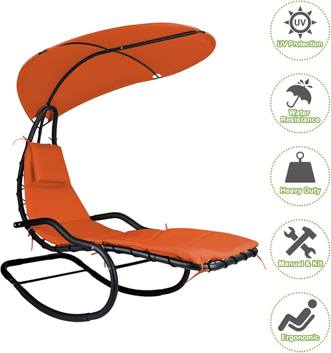 Outdoor Hammock Rocking Chaise Lounge Swing Chair, with Stand and Canopy, Porch Swing w/Soft Cushion Removable Headrest - Photo 4