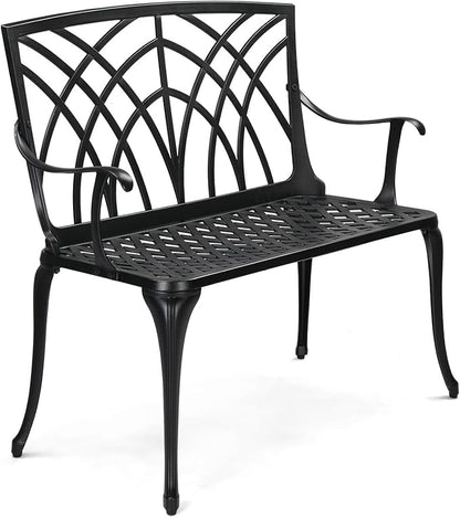 VINGLI 38" Outdoor Metal Bench, Cast Aluminium Garden Bench, Weatherproof Antique Finish Orchid Chair, 1-2 Person Seat Deck Furniture for Porch Entryway Patio (Black)