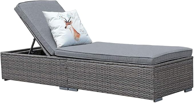 JOIVI Outdoor Chaise Lounge Chair, All-Weather PE Wicker Patio Chairs Pool Lounge Chairs for Outside, Gray Rattan Reclining Outdoor Chair with Adjustable Backrest and Removable Grey Cushion