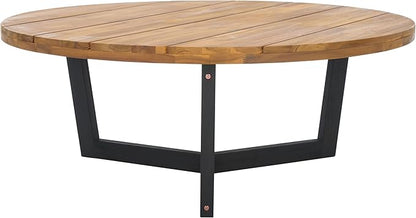 SAFAVIEH Outdoor Collection Leo Natural/Black Solid Wood Round Coffee Table