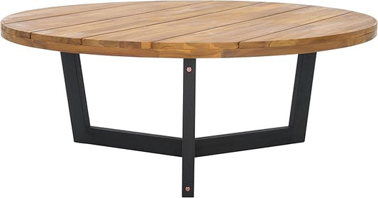 SAFAVIEH Outdoor Collection Leo Natural/Black Solid Wood Round Coffee Table
