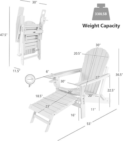 Giantex Folding Adirondack Chair, HDPE Patio Chairs Fire Pit Lounge Chair W/Retractable Ottoman & Cup Holder, Weatherproof Outdoor Adirondack Chairs for Porch, Garden, Backyard (1, White)