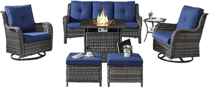 Belord Patio Furniture Set with Fire Pit Table,7 Piece Wicker Outdoor Furniture Set, Swivel Rocker Chairs with Ottomans and Sofa, All Weather Patio Conversation Set, for Pool,Yard,Gray Wicker/Blue