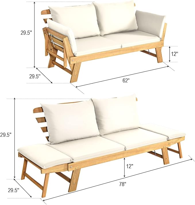 DORTALA Patio Convertible Couch Sofa Bed, Acacia Wood Daybed w/Adjustable Armrest, Collapsible Chaise Lounge w/Cushions & Pillows, Outdoor Loveseat for Poolside, Courtyard (White)