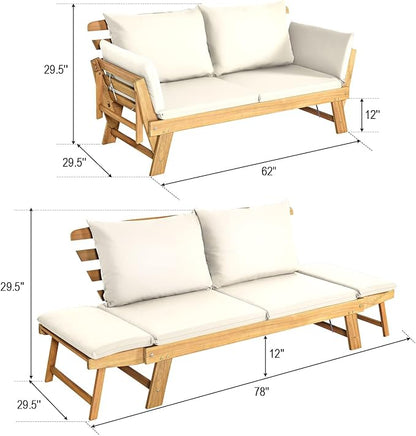 DORTALA Patio Convertible Couch Sofa Bed, Acacia Wood Daybed w/Adjustable Armrest, Collapsible Chaise Lounge w/Cushions & Pillows, Outdoor Loveseat for Poolside, Courtyard (White)