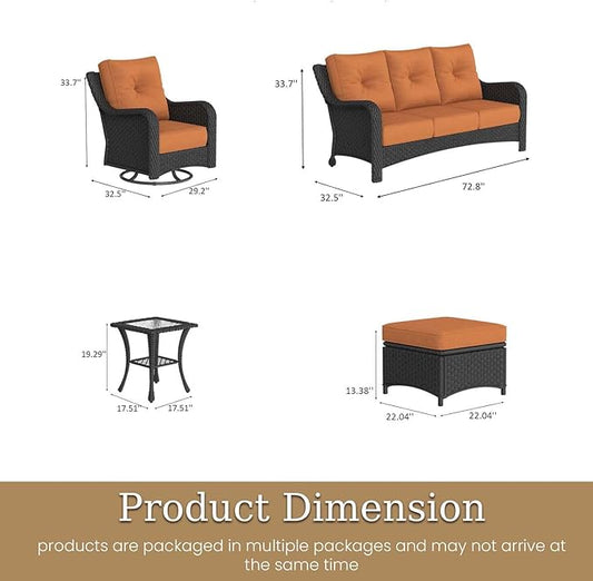 7 Piece Patio Furniture Set, All-Weather Wicker Outdoor Conversation Set with Swivel Rocking Chair and 6 Inch Thick Cushions