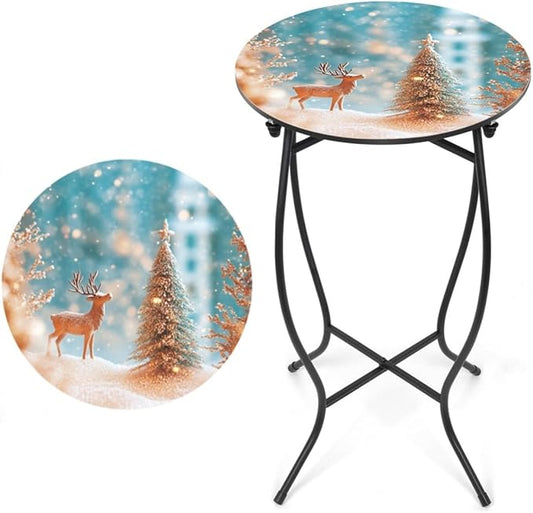 21" H Metal Side Table, Unique Christmas Tabletop with Metal Frame, Round End Bedside Table Accent Table for Bedroom Patio Yard Porch Balcony Garden