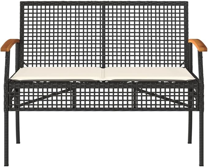2-Seat Outdoor Garden Bench in Black-Brown Poly-Rattan, 42.5 x 22.4 x 33.5 in, Powder-Coated Steel Frame with Weather-Resistant Cushions for Patio, Porch, Balcony